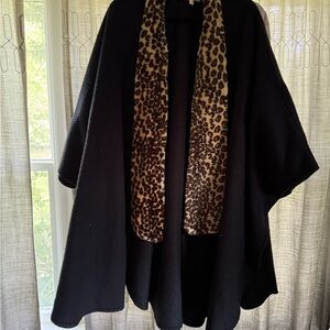 Amanda Smith Black Poncho with Leopard Print Trim